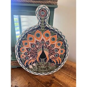 Vtg Harrods Peacock Melamine Round Cutting Board Wall Hanging
